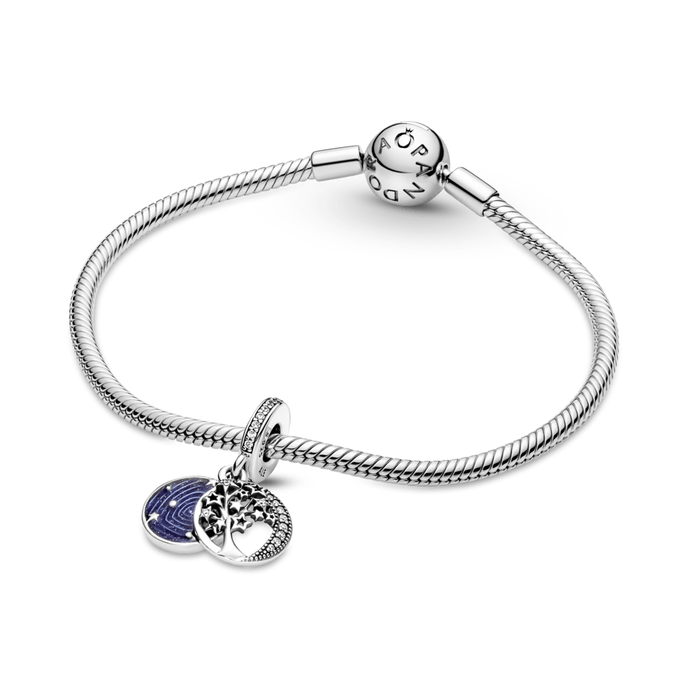 Dvigubas kabantis medžio ir galaktikos mėnulio karoliukas - Pandora Lietuva