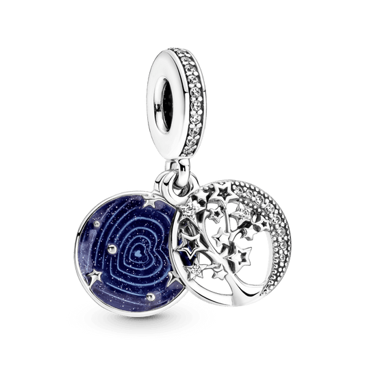 Dvigubas kabantis medžio ir galaktikos mėnulio karoliukas - Pandora LT