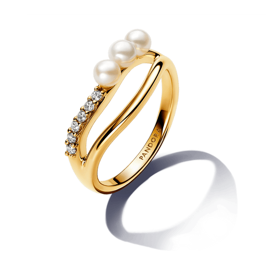 Organiškos formos dvigubas žiedas su apdorotu, dirbtiniu būdu išaugintu gėlavandeniu perlu - Pandora Lietuva