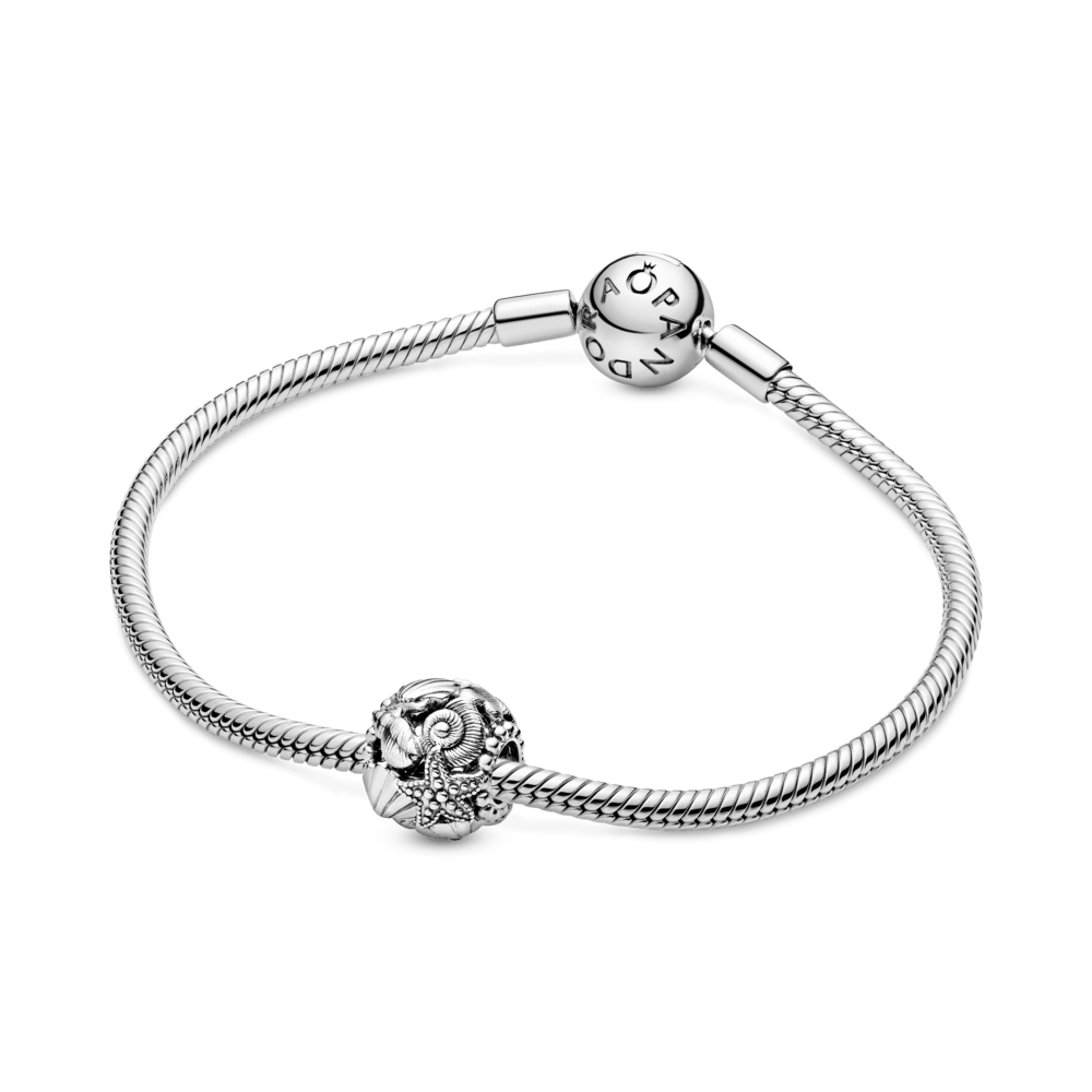 Ažūrinis karoliukas su jūros žvaigžde, kriauklėmis ir širdelėmis - Pandora Lietuva