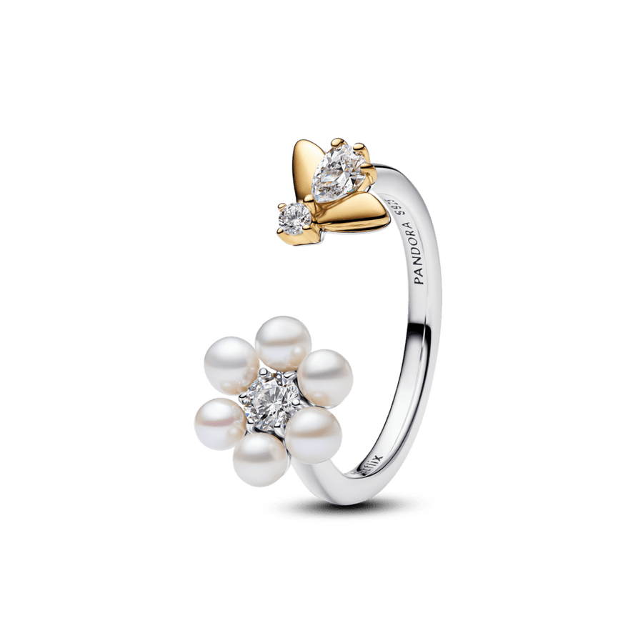 Atviras „Bridžertonų“ žiedas su apdorotu dirbtinai išaugintu gėlavandeniu perlu „Bitė ir gėlė“ - Pandora Lietuva