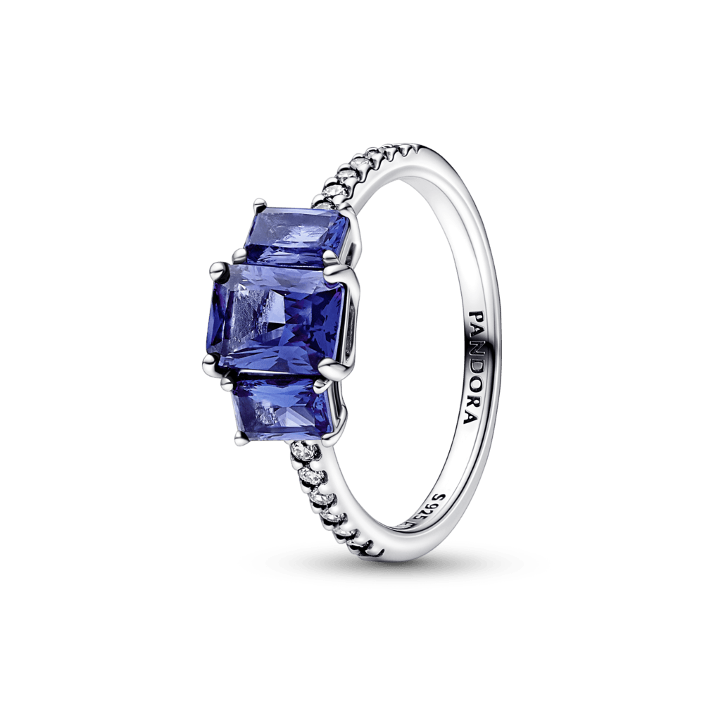 Blue Rectangular Three Stone Sparkling Ring - Pandora LT