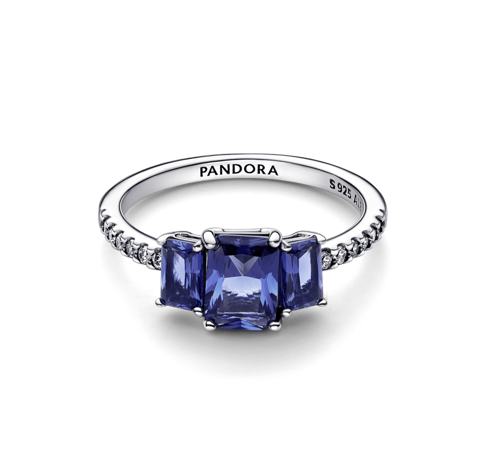 Blue Rectangular Three Stone Sparkling Ring - Pandora LT