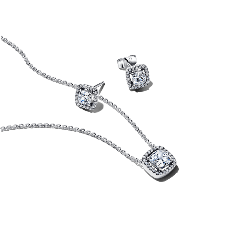 Dovanų rinkinys: Koljė vėrinys su aureolės pakabučiu & Įsmeigiami auskarai su kvadrato formos aureole - Pandora Lietuva