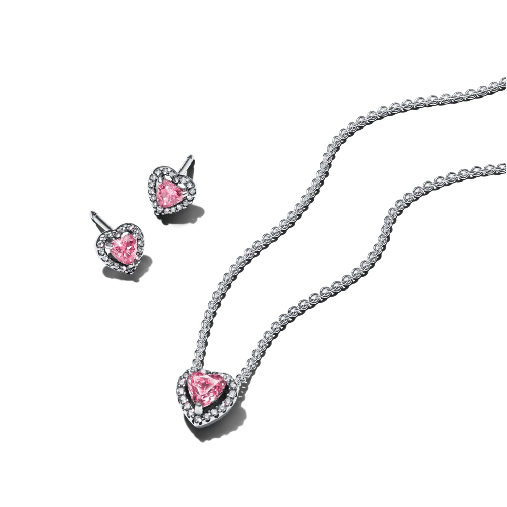 Rožinės spindinčios širdelės vėrinio ir auskarų dovanų rinkinys - Pandora Lietuva