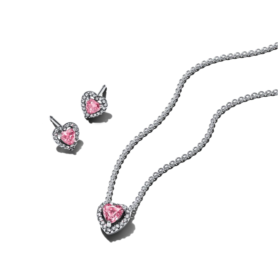 Rožinės spindinčios širdelės vėrinio ir auskarų dovanų rinkinys - Pandora Lietuva