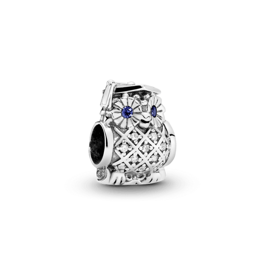 Sidabrinė pelėda su mėlynu kristalu ir kubiniu cirkoniu - Pandora Lietuva