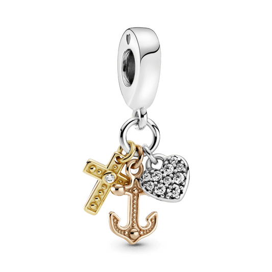 Trijų atspalvių kryžiaus, širdies ir inkaro kabantis karoliukas - Pandora LT