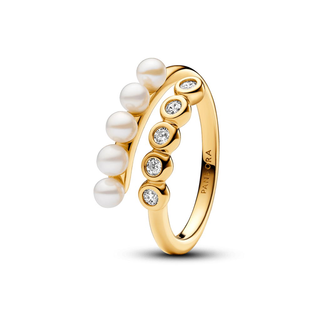 Atviras žiedas su apdorotais, dirbtiniu būdu išaugintais gėlavandeniais perlais ir akmenėliais - Pandora Lietuva