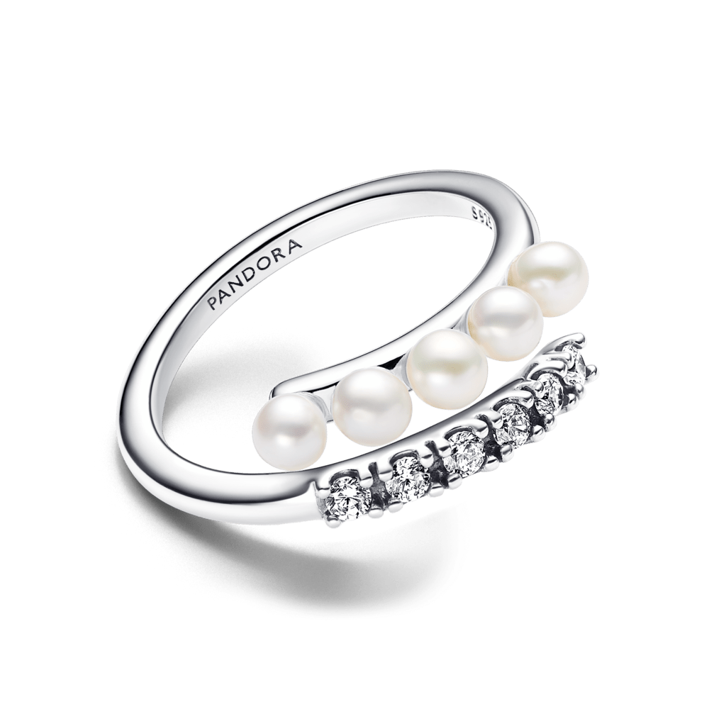 Atviras žiedas su apdorotais, dirbtiniu būdu išaugintais gėlavandeniais perlais ir pavé stiliumi inkrustuotais akmenėliais - Pandora Lietuva