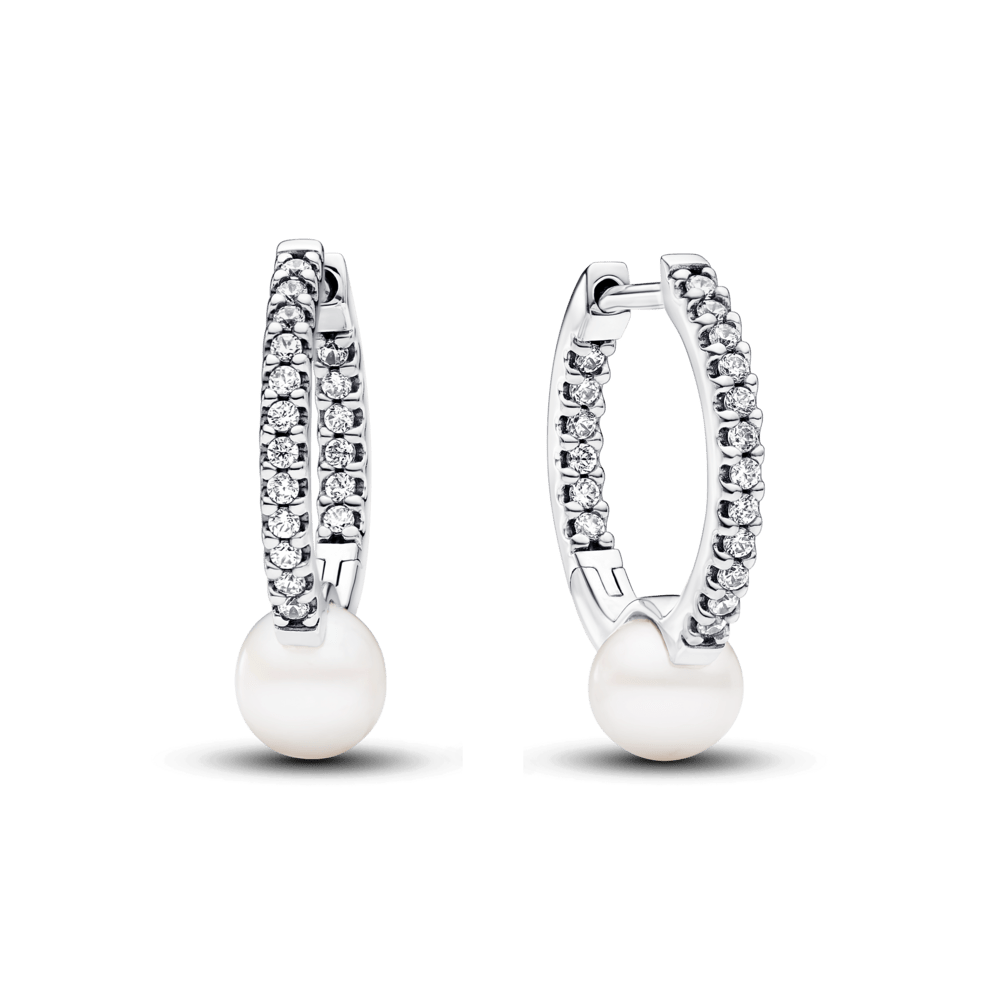 Auskarai lankeliai su apdorotais, dirbtiniu būdu išaugintais gėlavandeniais perlais ir pavé stiliumi inkrustuotais akmenėliais - Pandora Lietuva