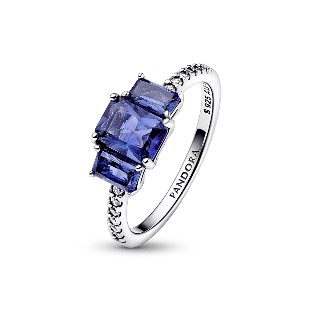 Blue Rectangular Three Stone Sparkling Ring - Pandora LT