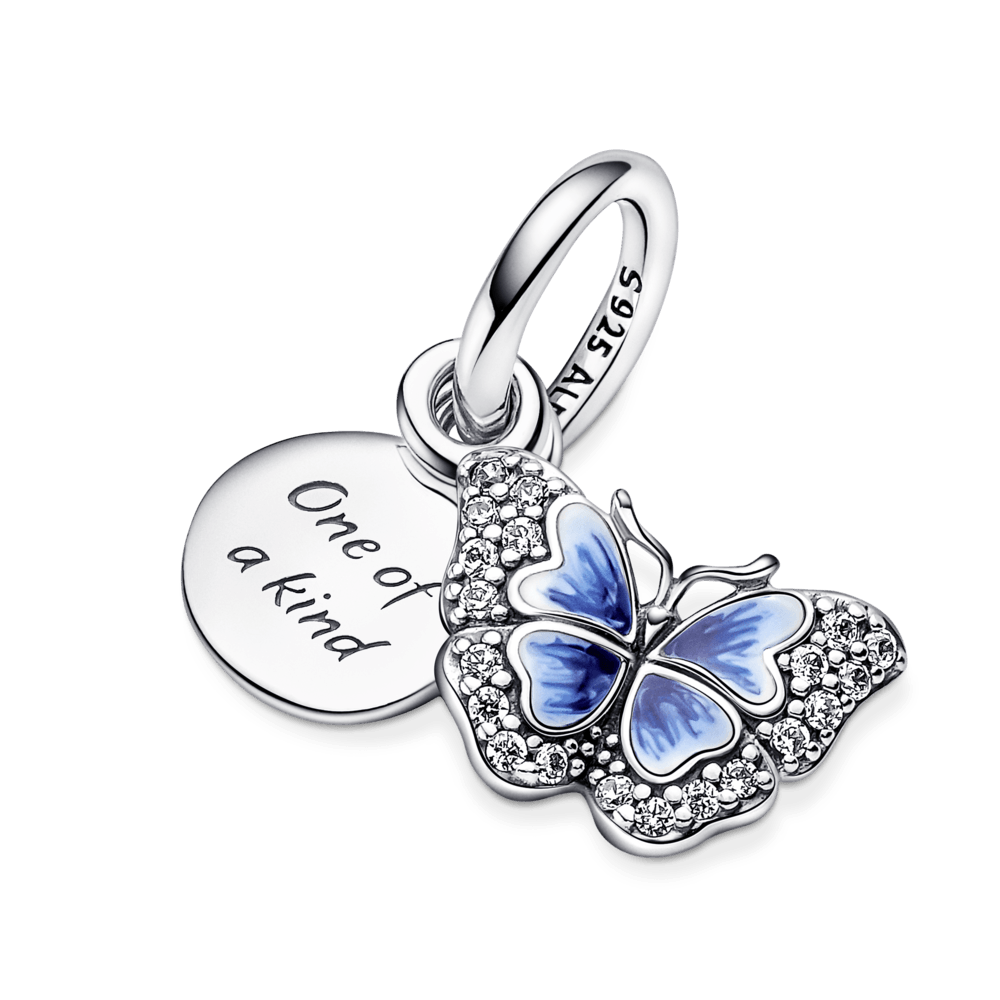 Dvigubas kabantis karoliukas – Mėlynas drugelis su citata - Pandora LT