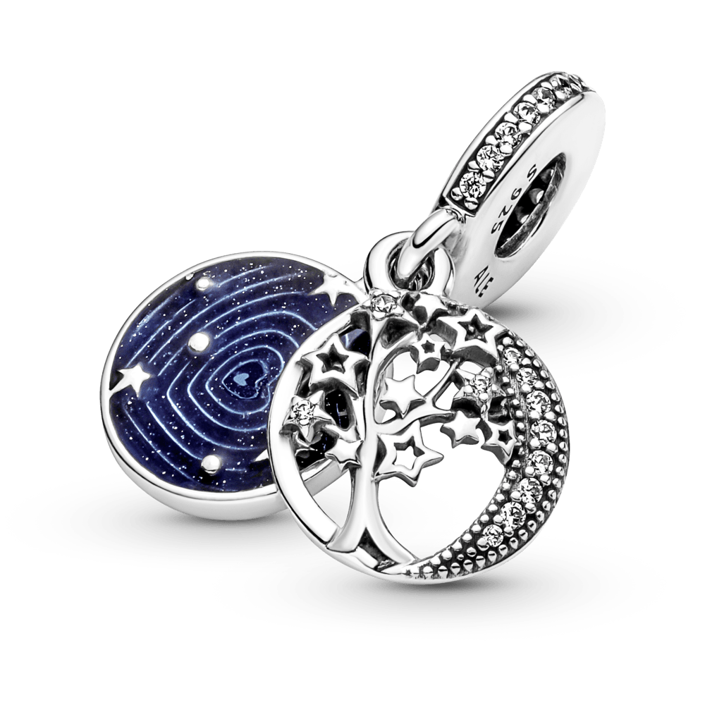 Dvigubas kabantis medžio ir galaktikos mėnulio karoliukas - Pandora Lietuva