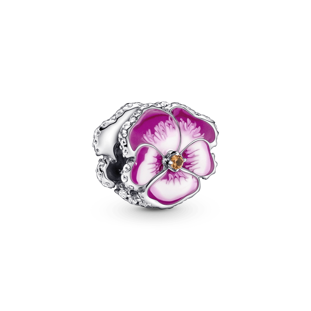 Rausvos gėlės našlaitės karoliukas - Pandora Lietuva