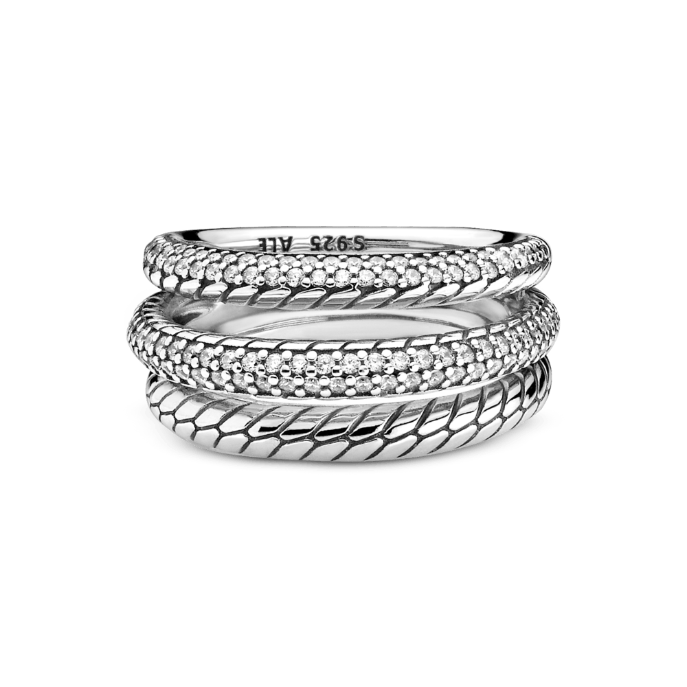 Trigubas Pavé Gyvatės rašto grandinės modelio žiedas - Pandora LT