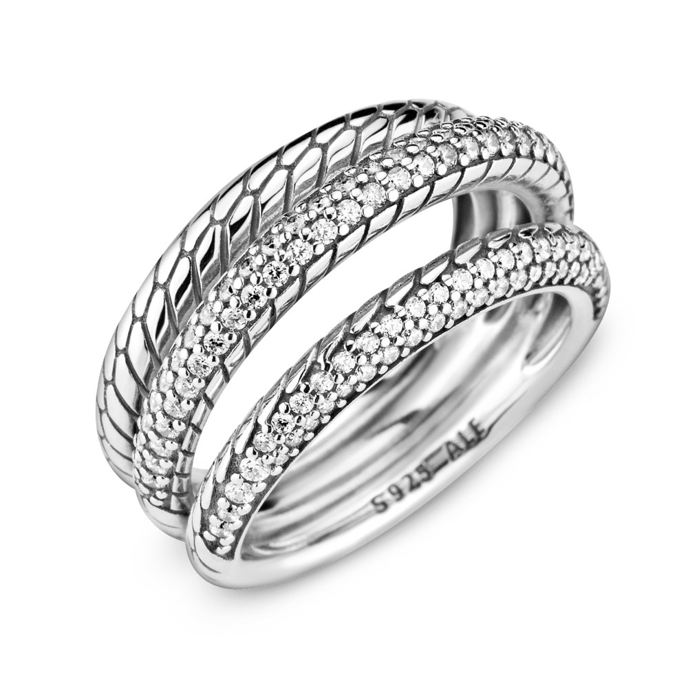 Trigubas Pavé Gyvatės rašto grandinės modelio žiedas - Pandora LT
